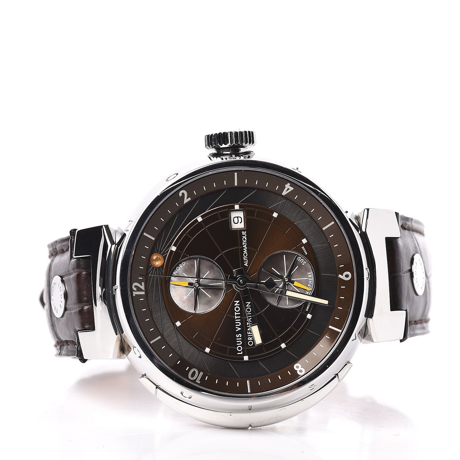 Louis Vuitton Stainless Steel Alligator 44mm Tambour Essential Orientation Automatic Watch Brown 3 of 6