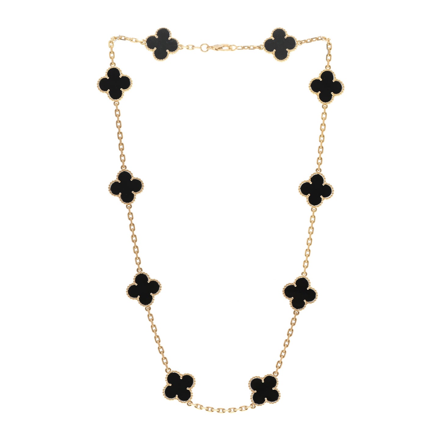 18K Yellow Gold Black Onyx 10 Motifs Vintage Alhambra Necklace