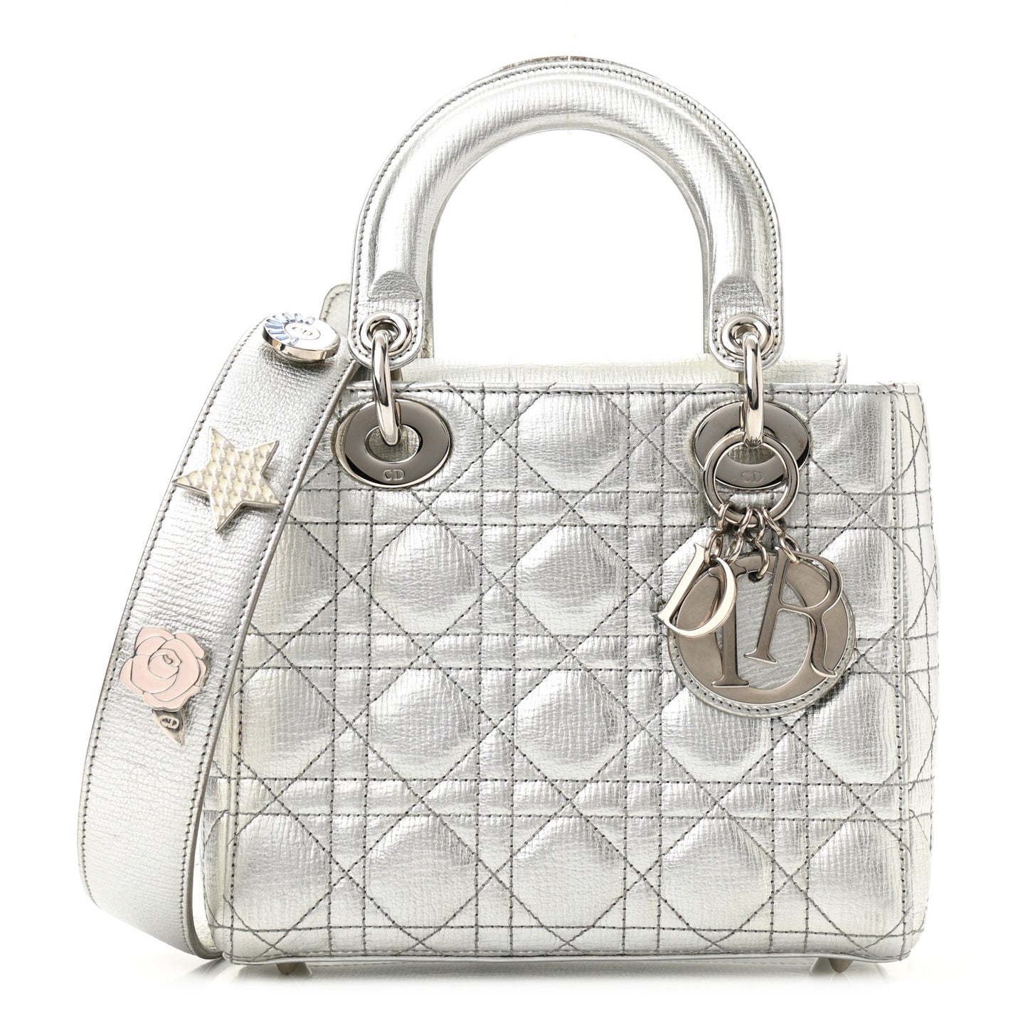 Metallic Grained Calfskin Cannage Small Lucky Badges My Lady Dior Silver