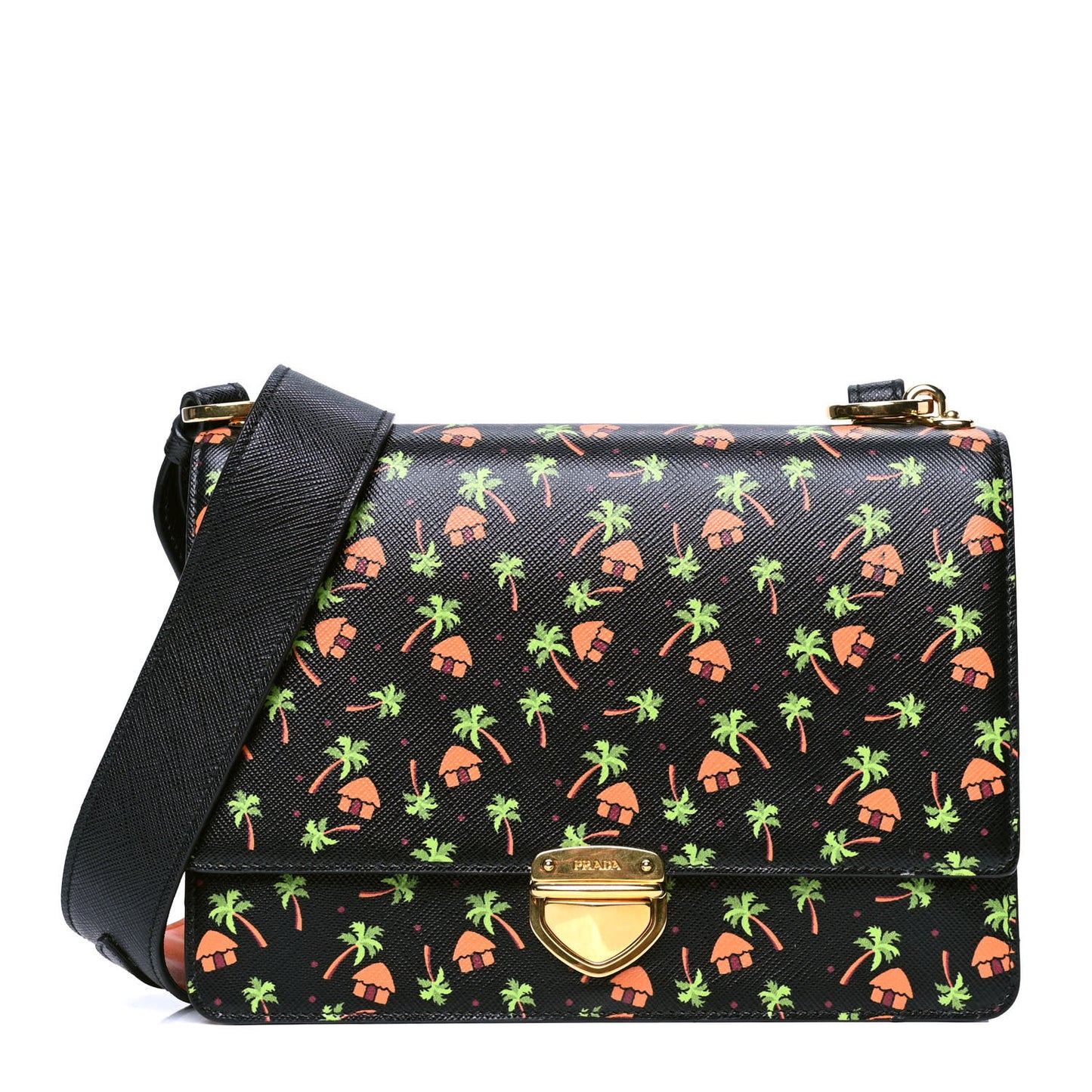 Saffiano Palm Tree Print Shoulder Bag Black