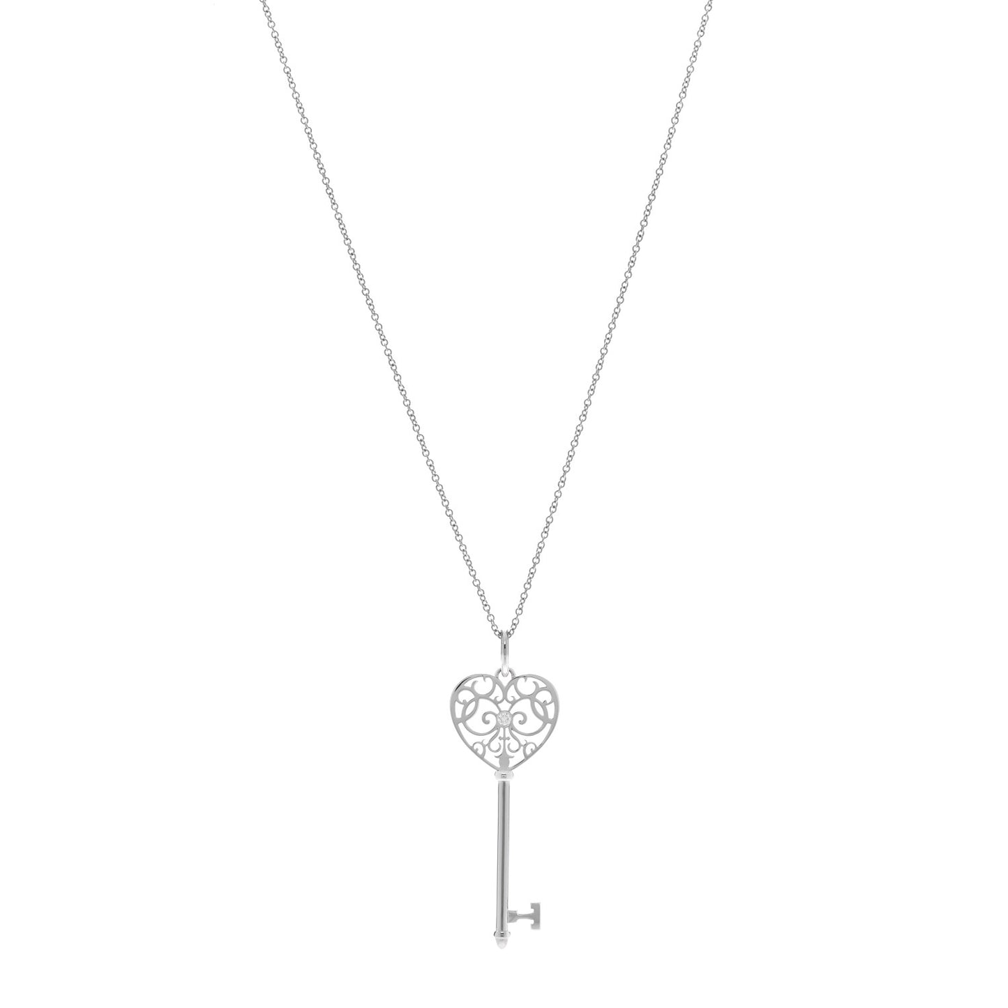 18K White Gold Diamond Enchant Heart Key Pendant Necklace