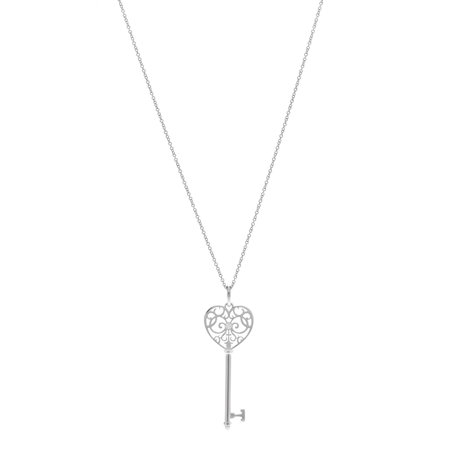 Tiffany 18K White Gold Diamond Enchant Heart Key Pendant Necklace 1 of 6