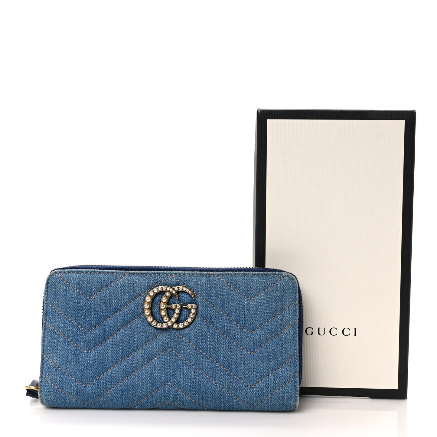 Denim Matelasse Pearly GG Marmont Zip Around Wallet Blue