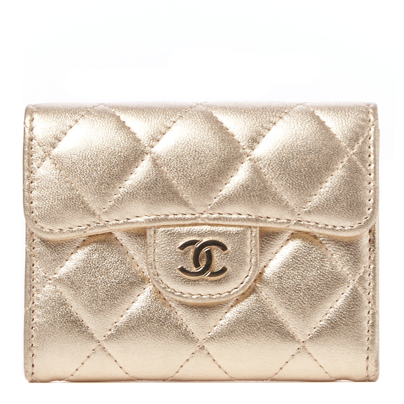 Chanel Metallic Lambskin Quilted Flap Card Holder Wallet Gold 1 of 8