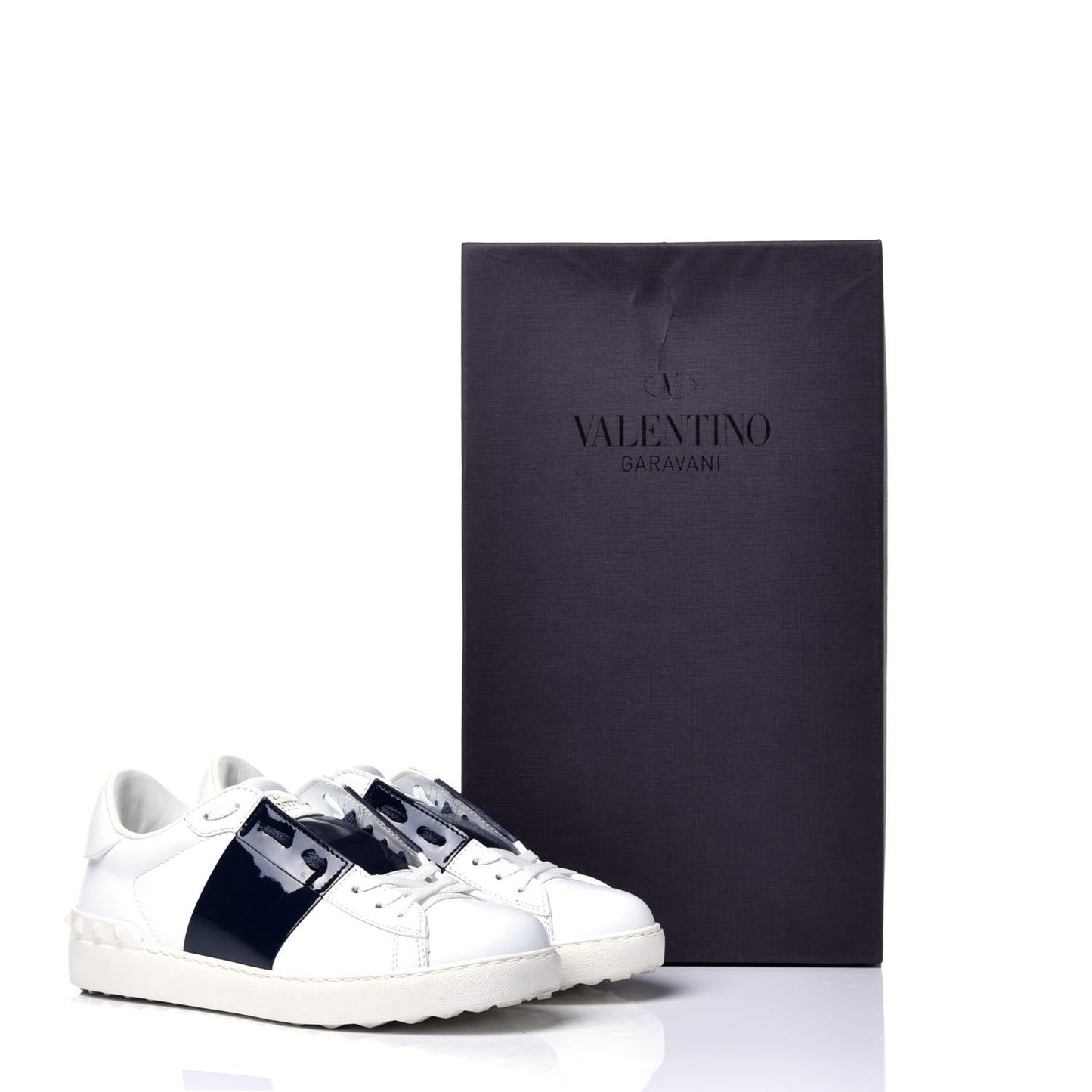 Calfskin Patent Rockstud Open Sneakers 38 White Navy