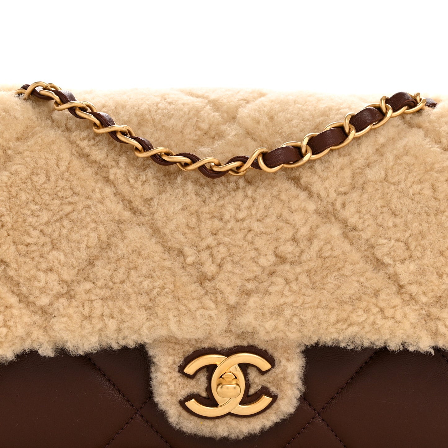 Shearling Lambskin Quilted Furry Coco Flap Beige Dark Brown