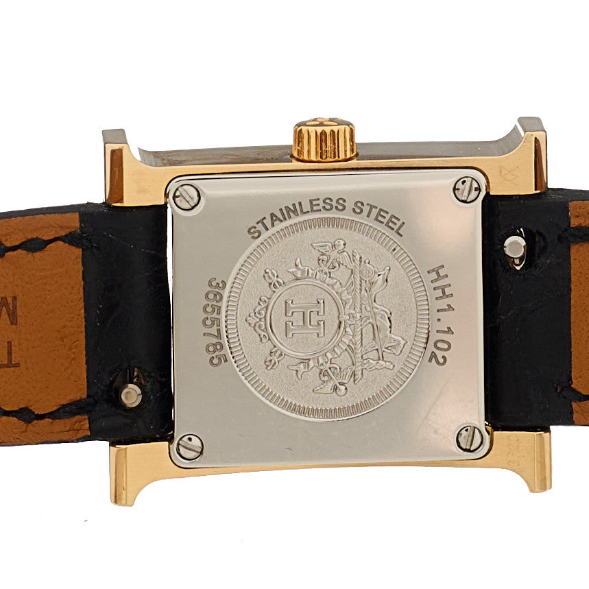 Hermes Stainless Steel Alligator Diamond Mother of Pearl 17.2mm Heure H Hour Quartz Watch Noir 4 of 5