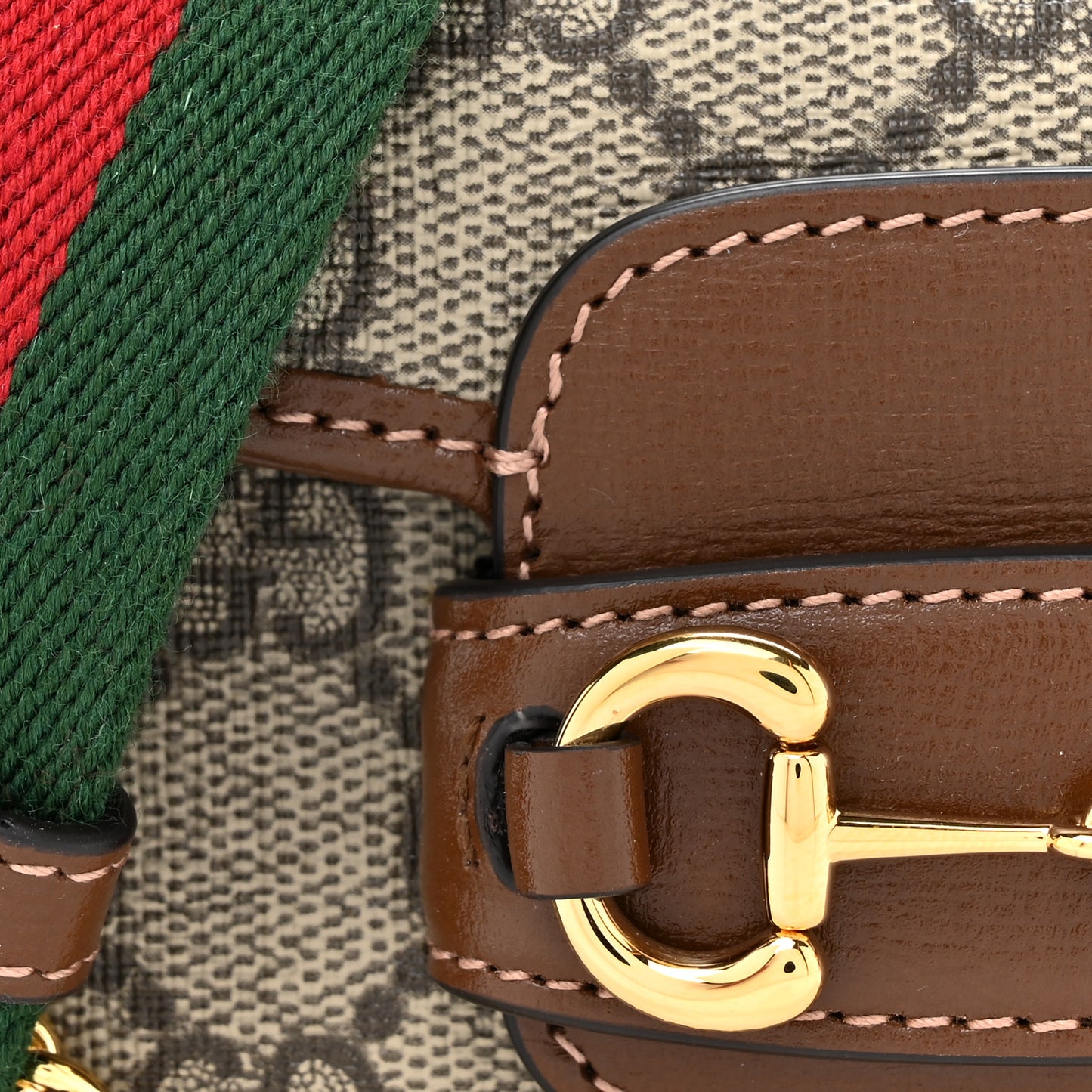 GG Supreme Monogram Azalea Calfskin Web Horsebit 1955 Wallet On Strap Beige Ebony Brown Sugar