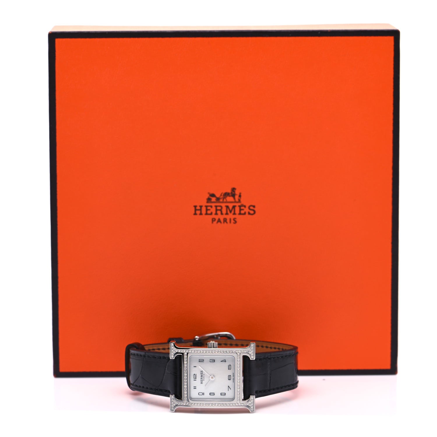 Hermes Stainless Steel Alligator Diamond Bezel Mother of Pearl 21mm Heure H Hour Quartz Watch Noir 5 of 5