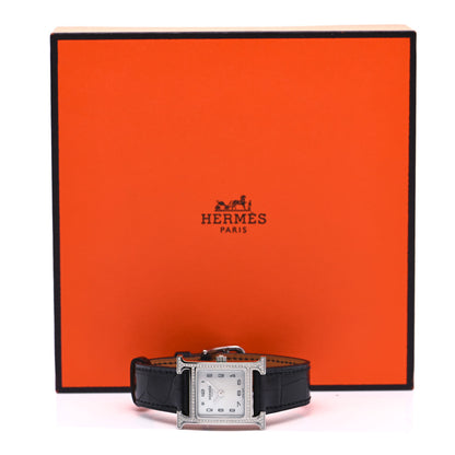 Hermes Stainless Steel Alligator Diamond Bezel Mother of Pearl 21mm Heure H Hour Quartz Watch Noir 5 of 5