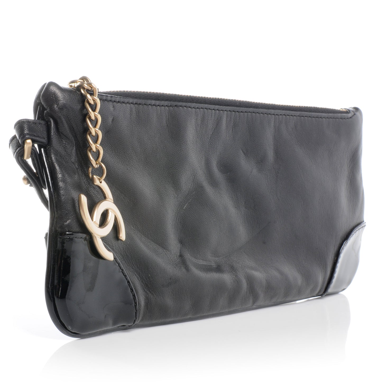 Lambskin and Patent Leather Camellia Wristlet Black