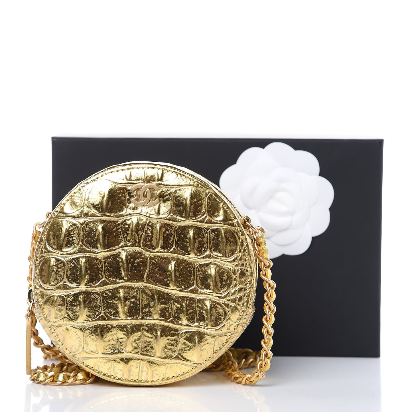 Metallic Calfskin Crocodile Embossed Cocodile Round Clutch with Chain Gold
