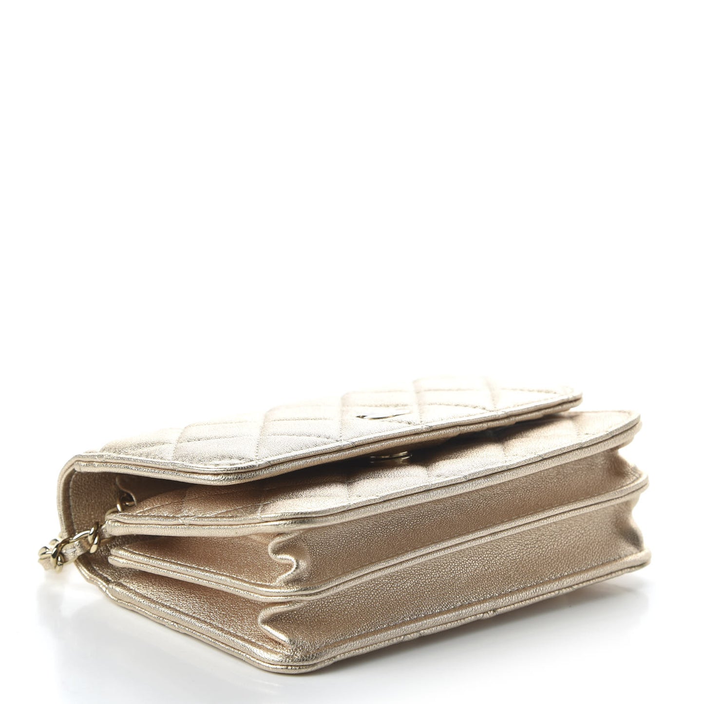 Metallic Lambskin Quilted Mini Wallet On Chain WOC Gold