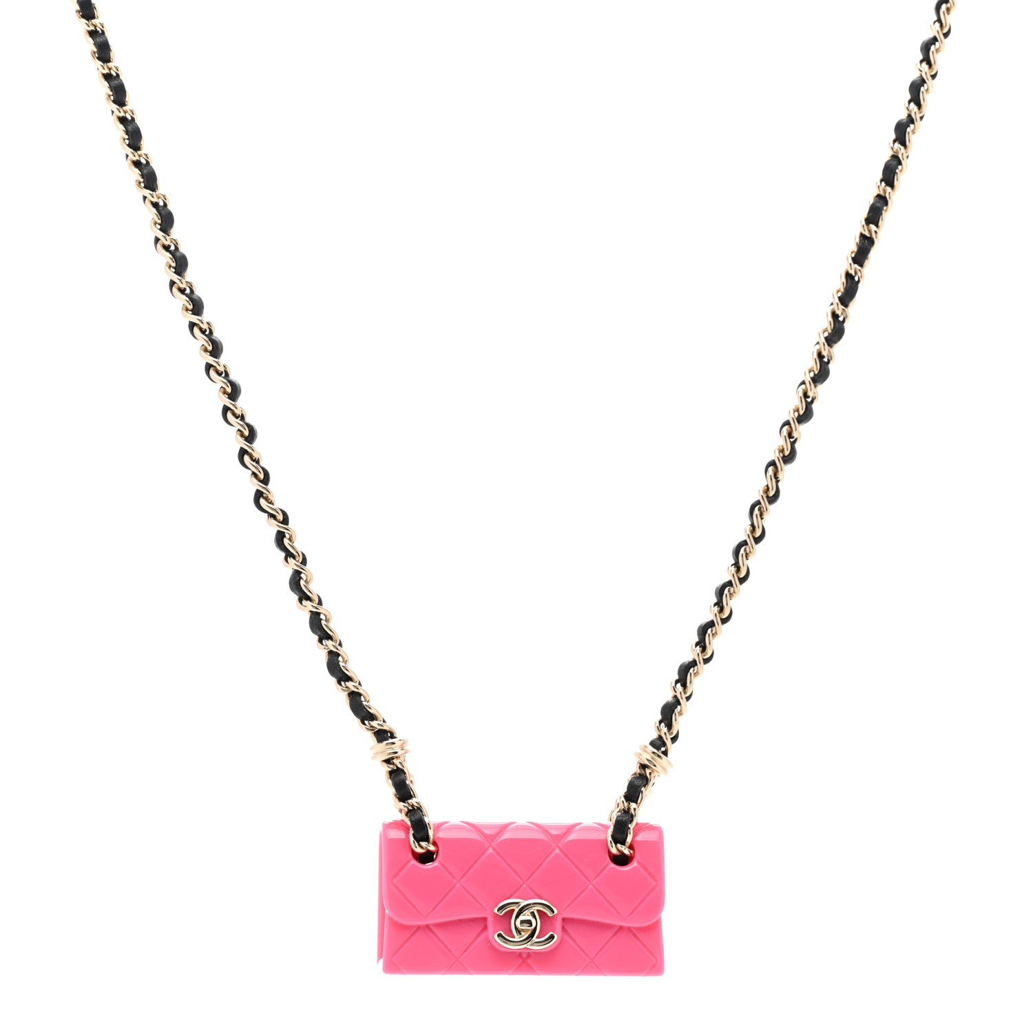 Chanel Metal Resin Calfskin Quilted CC Turnlock Chain Bag Necklace Gold Pink 1 of 6