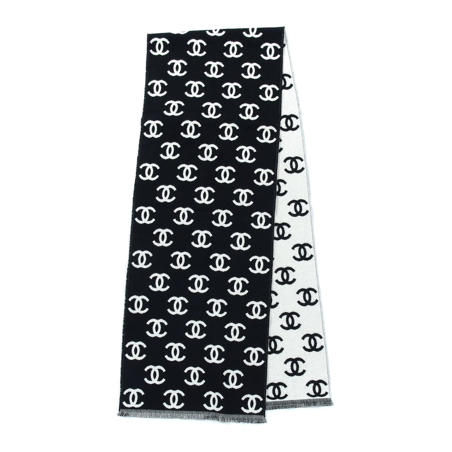 Chanel Wool Cashmere CC Scarf Black White 2 of 4