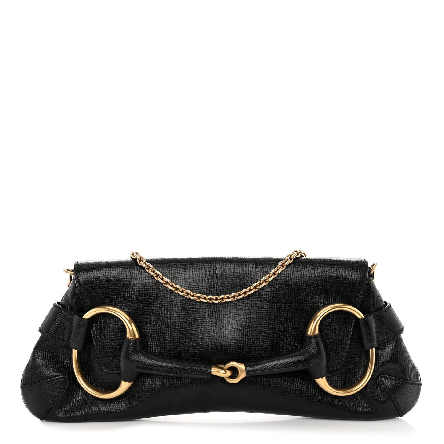 Textured Calfskin Horsebit Chain Clutch Black