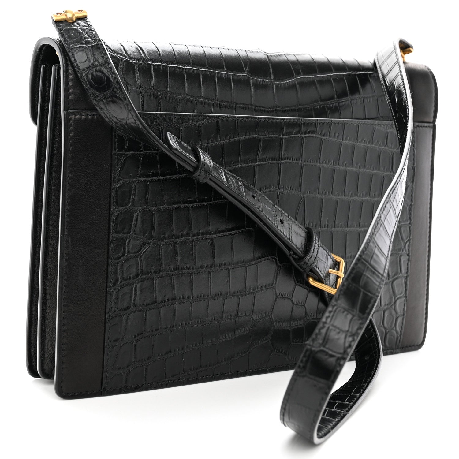 Saint Laurent Calfskin Crocodile Embossed Gaby Satchel Black 2 of 11