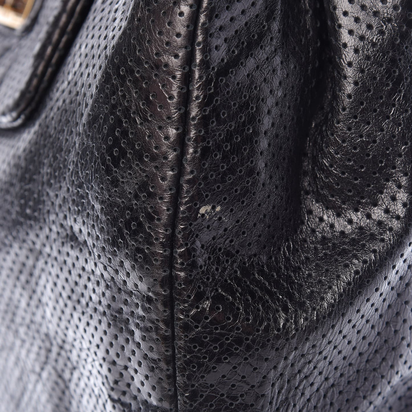 Metallic Crackled Calfskin Perforated Drill Shoulder Bag Black