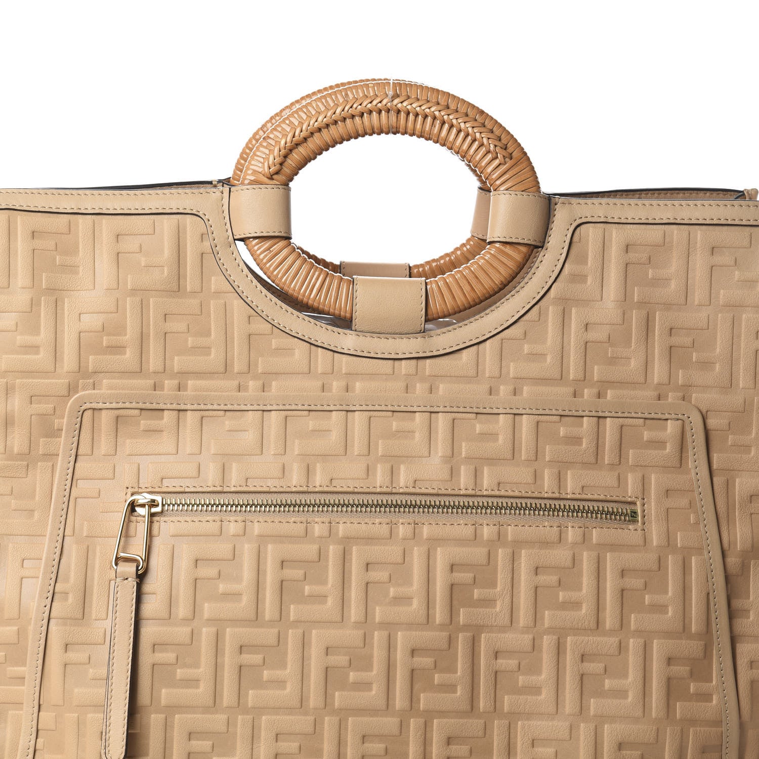 Fendi Vitello Cristallo Nature Wicker FF 1974 Embossed Large Runaway Shopper Tote Makeup 6 of 8