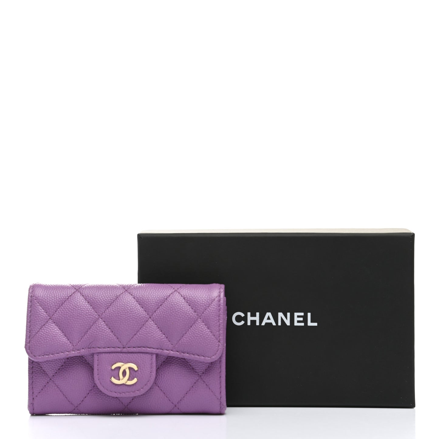 Caviar Quilted Flap Card Holder Wallet Purple