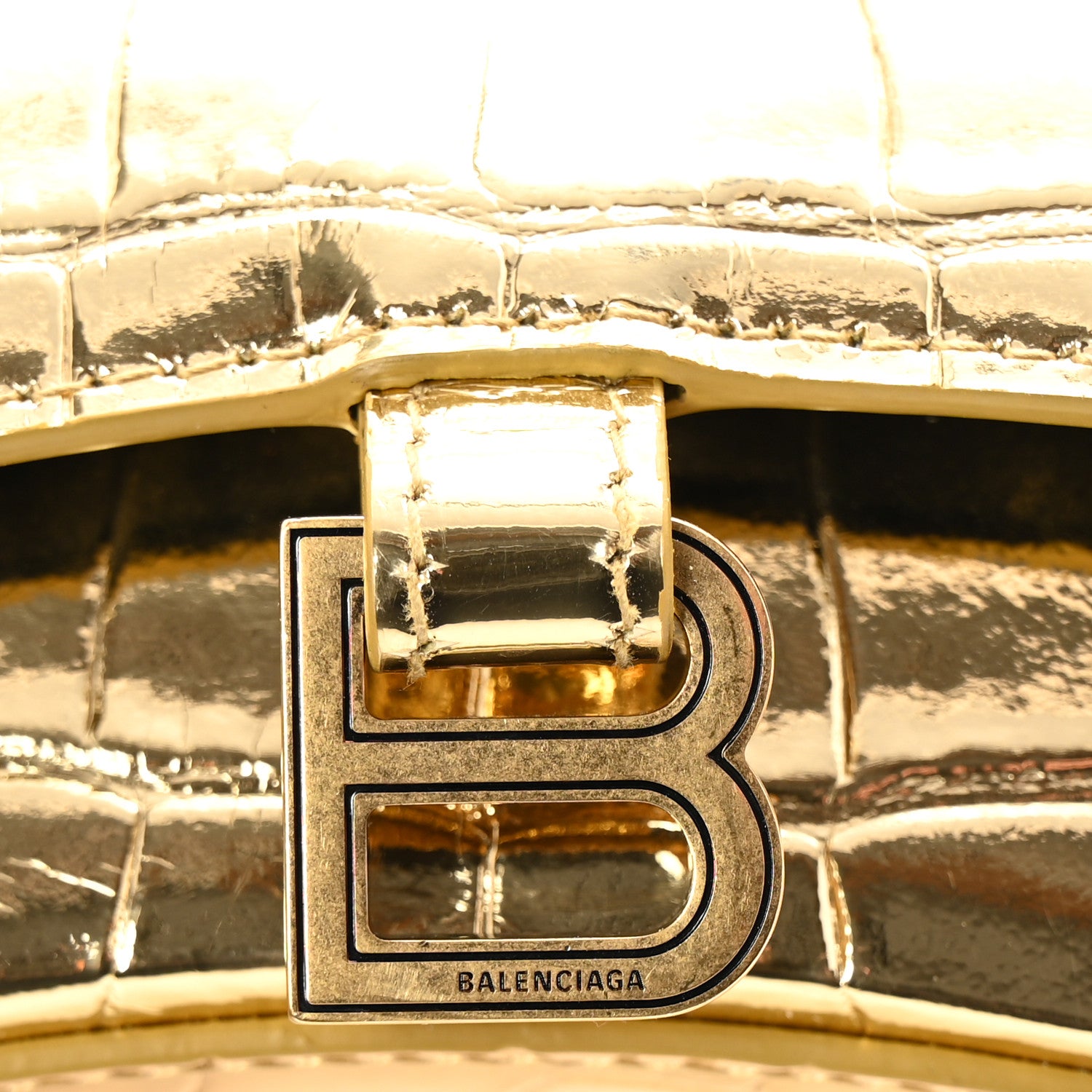 Balenciaga Metallic Calfskin Crocodile Embossed Hourglass Top Handle Bag Mini Gold 10 of 14