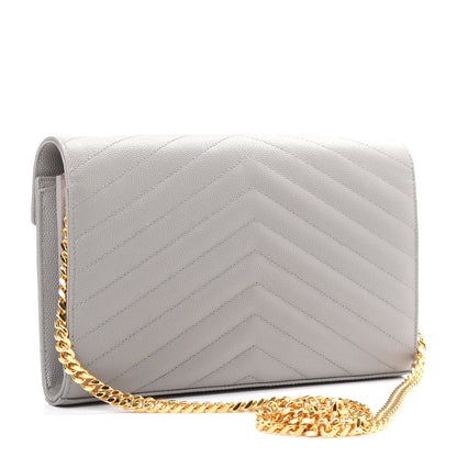 Saint Laurent Grain De Poudre Matelasse Chevron Monogram Chain Wallet Oyster Grey 3 of 5