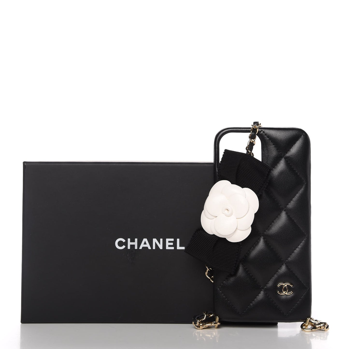 Lambskin Quilted Camellia Bow iPhone XII Pro Holder With Chain Black