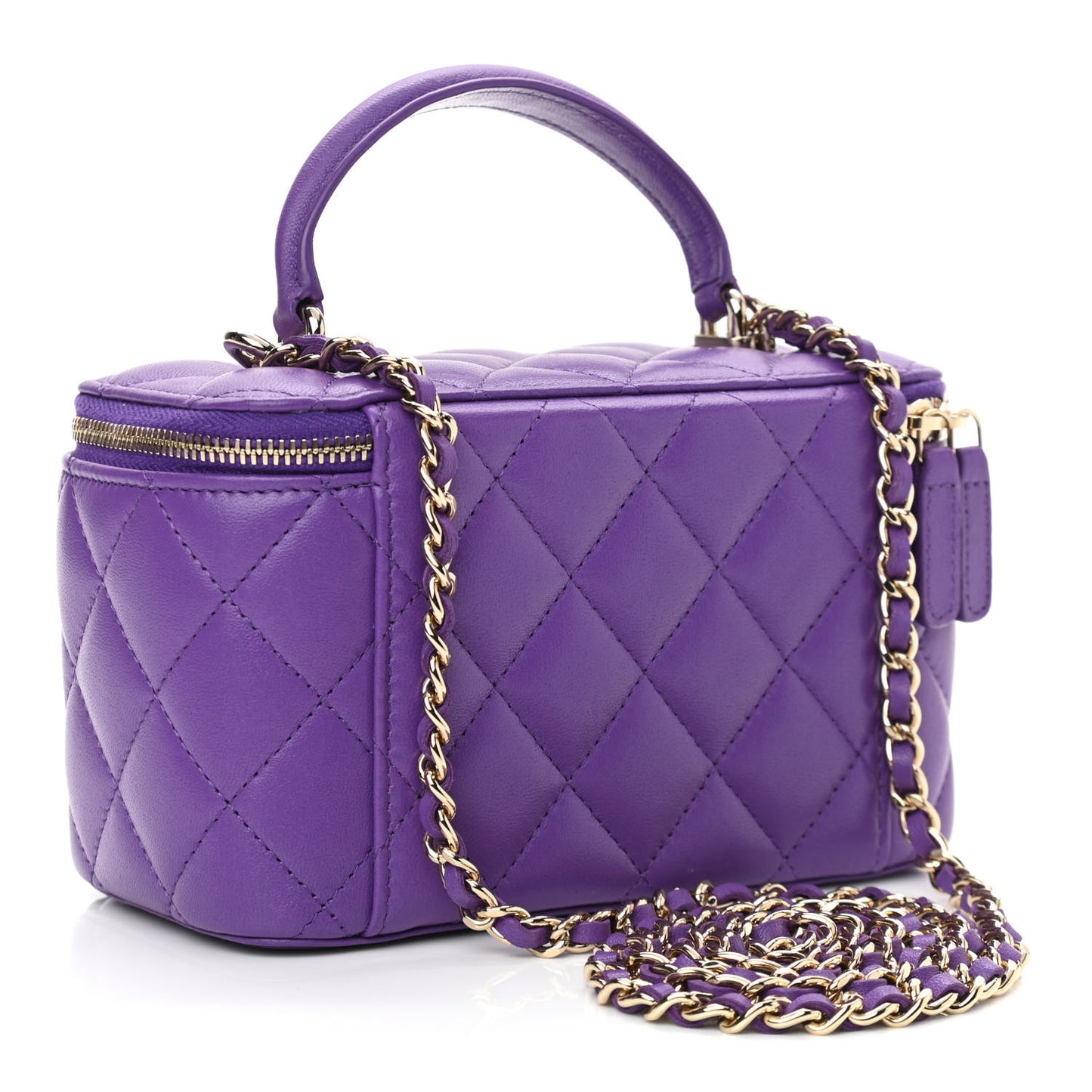 Lambskin Quilted Small Top Handle Vanity Case With Chain Purple