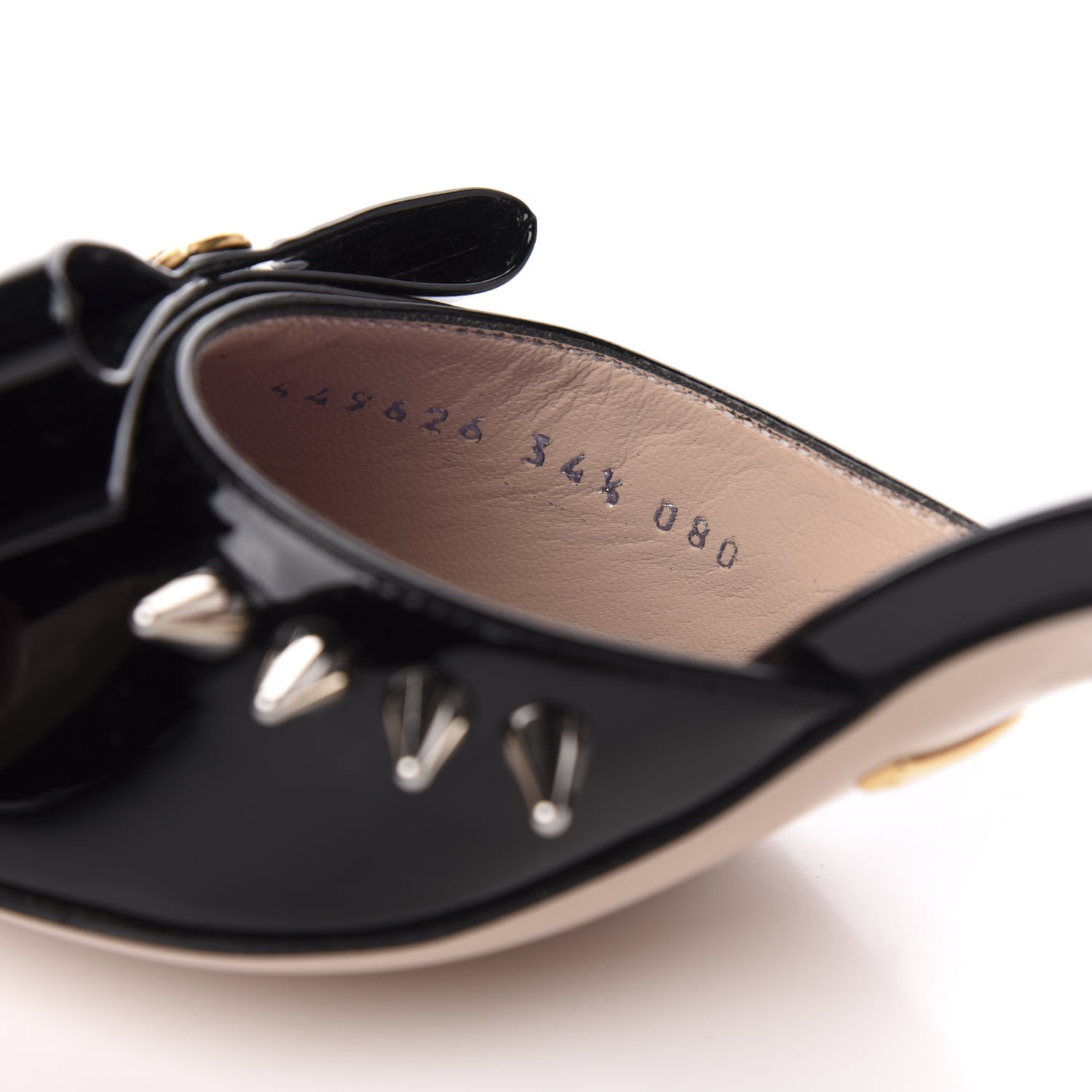 Gucci Patent GG Bow Sadie Spike Mid Heel Mules 34.5 Black 8 of 8
