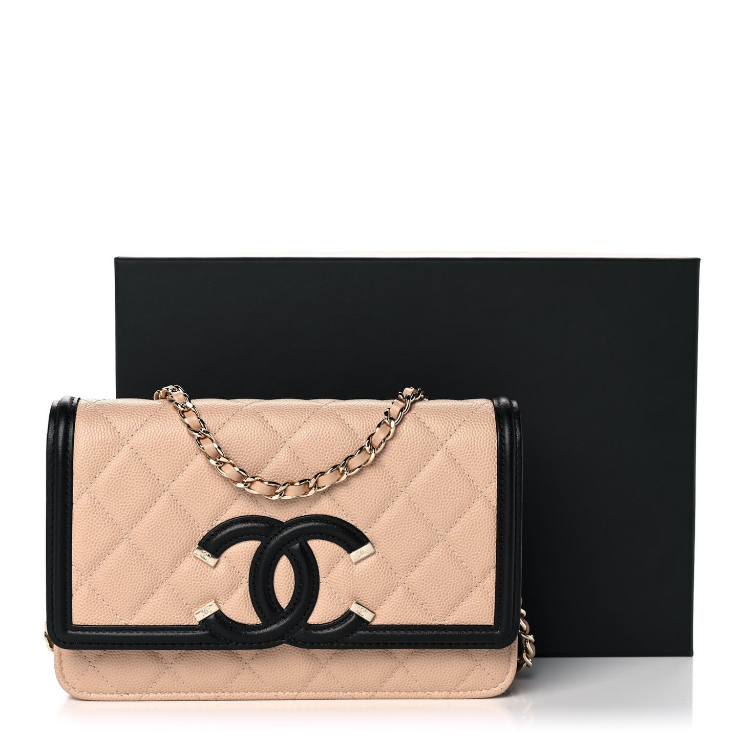 Caviar Quilted CC Filigree Wallet On Chain WOC Beige Black