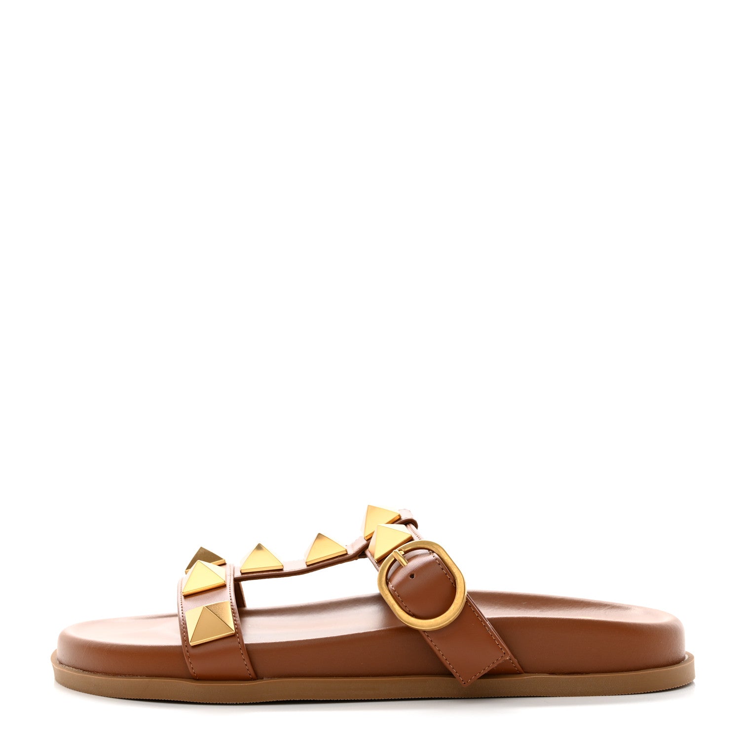 Valentino Garavani Calfskin Roman Stud Flat Slide Sandals 38 Saddle Brown 1 of 8