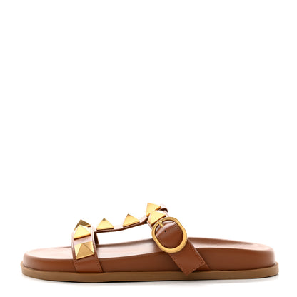 Valentino Garavani Calfskin Roman Stud Flat Slide Sandals 38 Saddle Brown 1 of 8