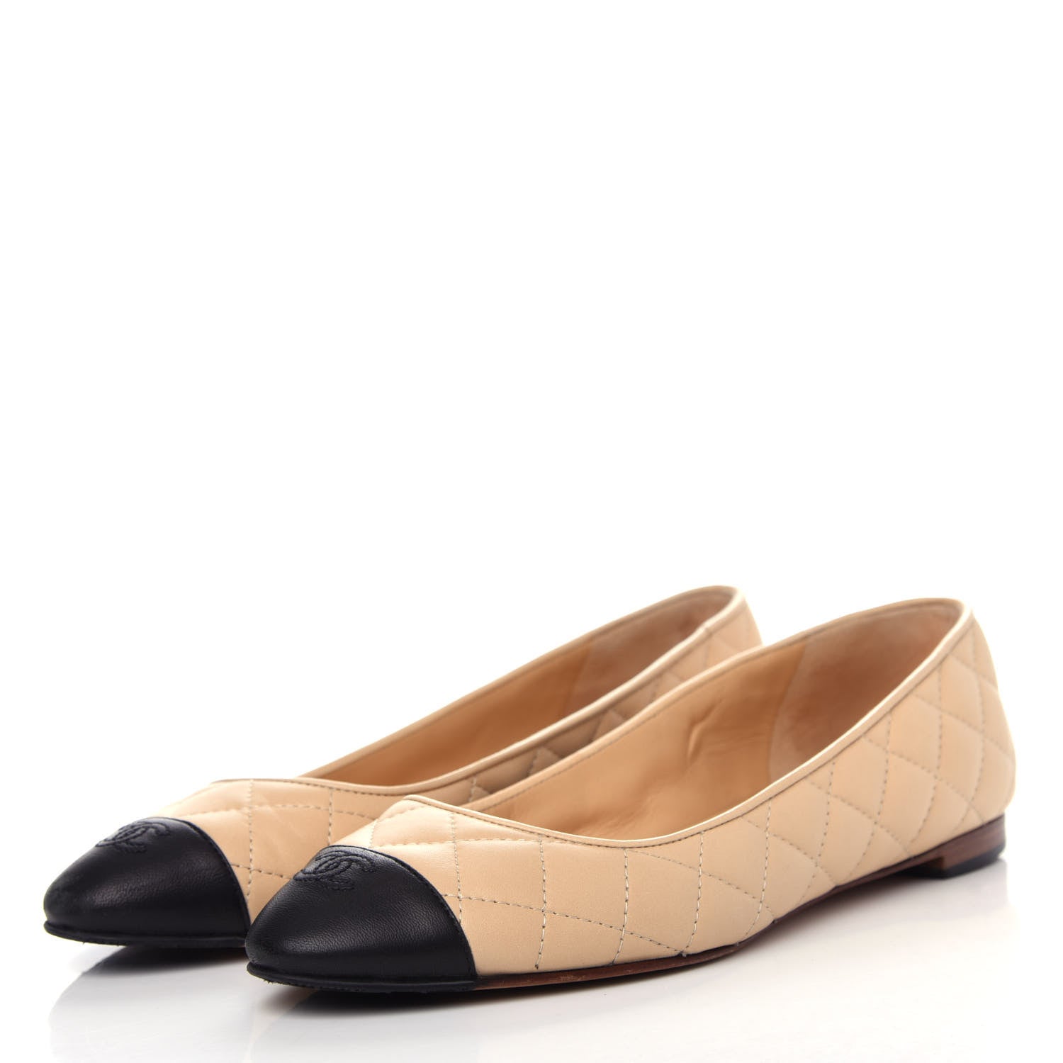 Chanel Lambskin Quilted Cap Toe Ballerina Flats 38.5 Beige Black 7 of 22