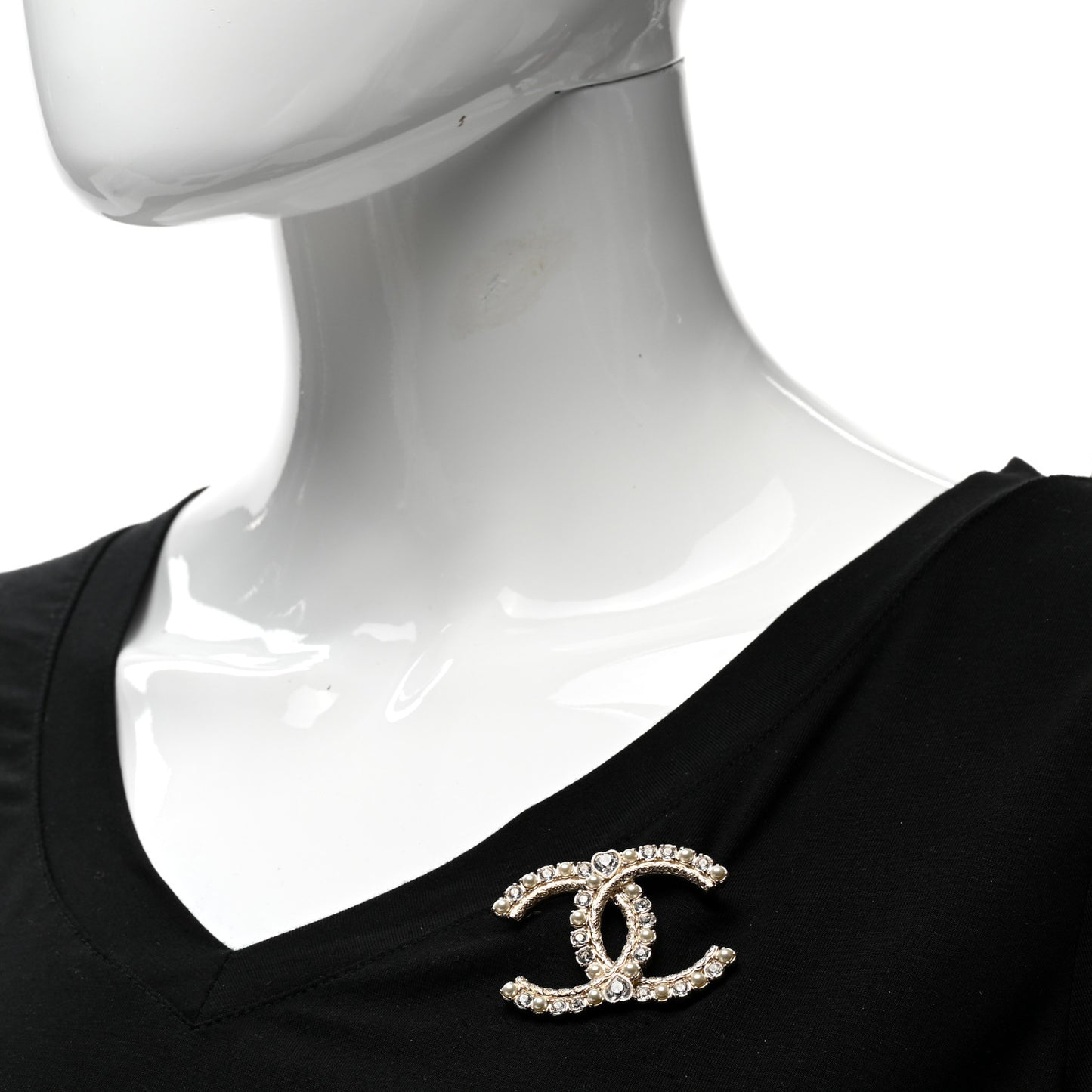 Pearl Crystal CC Brooch Gold