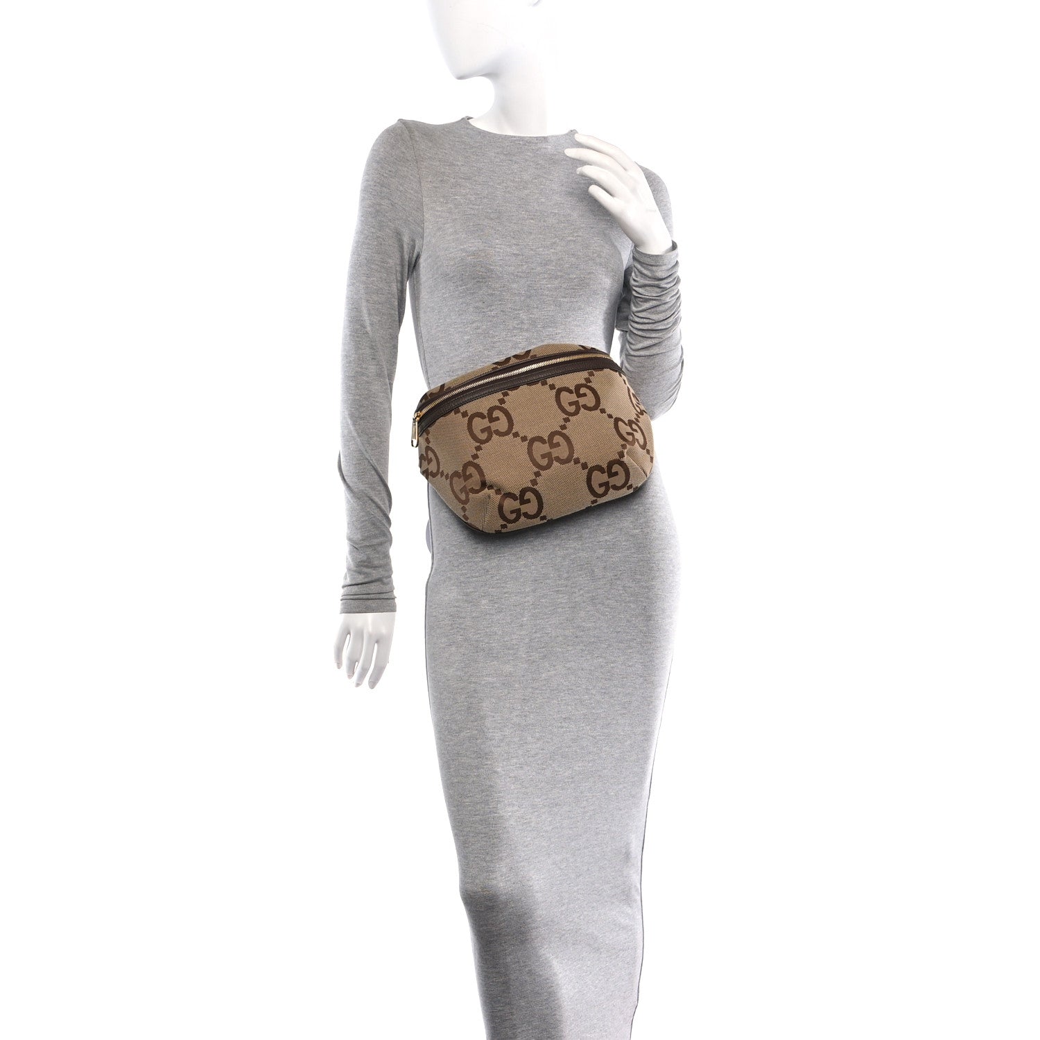 Gucci Monogram Jumbo GG Textured Dollar Calfskin Web Belt Bag Camel Ebony New Acero 2 of 10