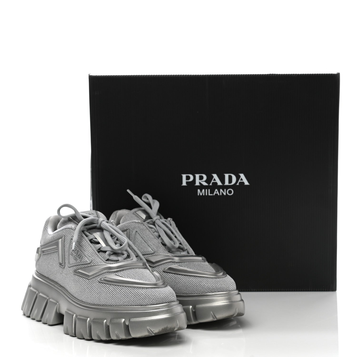 Prada Rubber Technical Knit Fabric Triangle Logo Evolution 55mm Sneakers 38 Argento 9 of 9