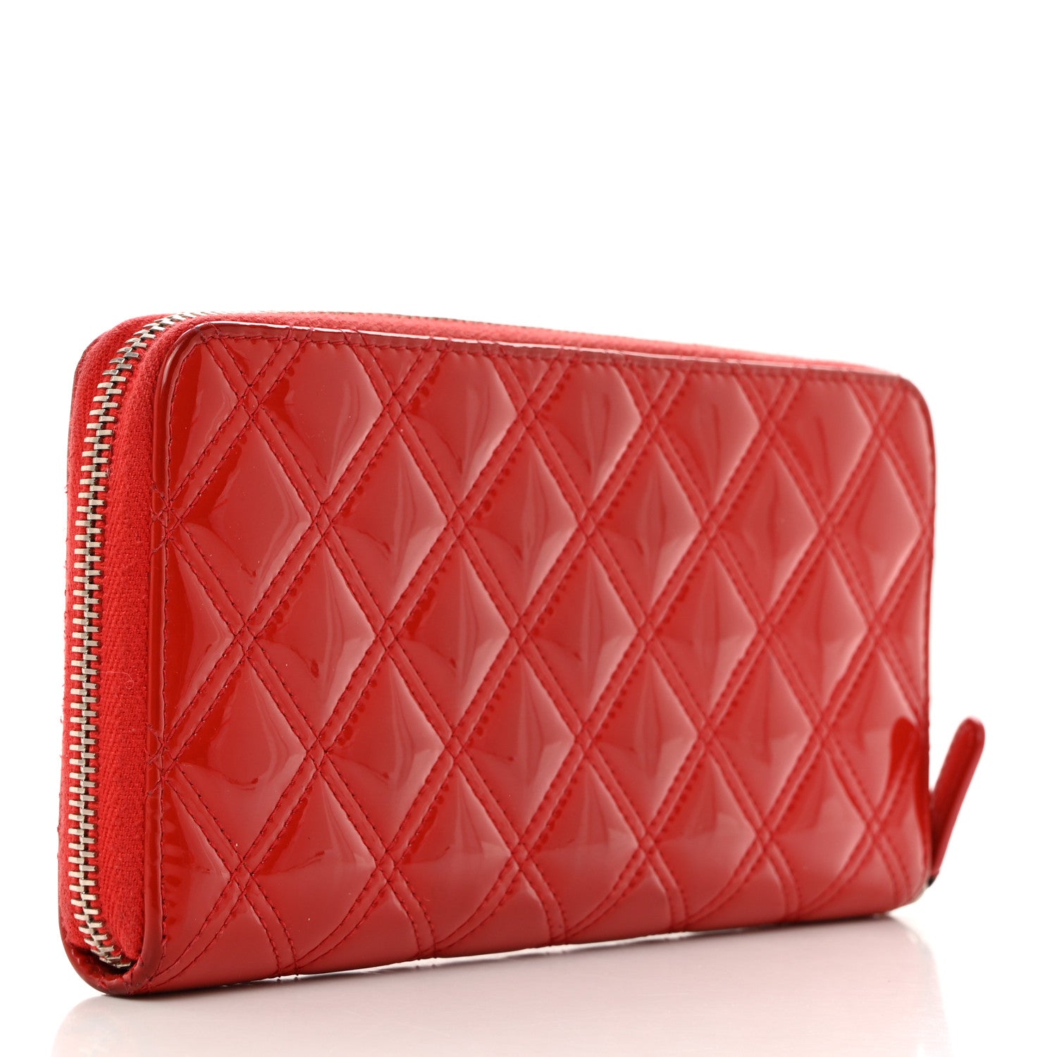 Chanel Patent Quilted Double Stitched Zip Around Wallet Red 3 of 12