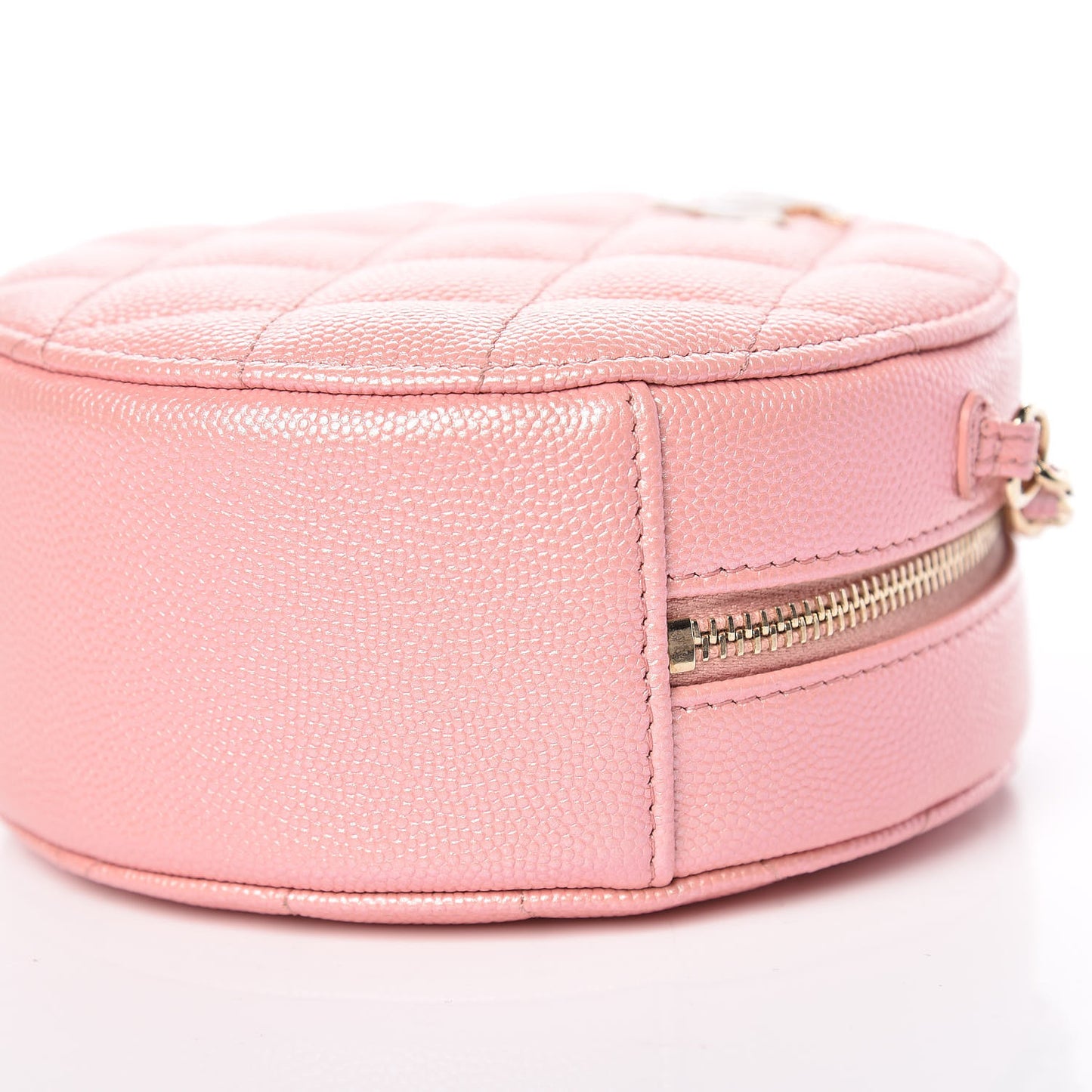 Iridescent Caviar Resin Quilted Round Clutch With Chain Pink