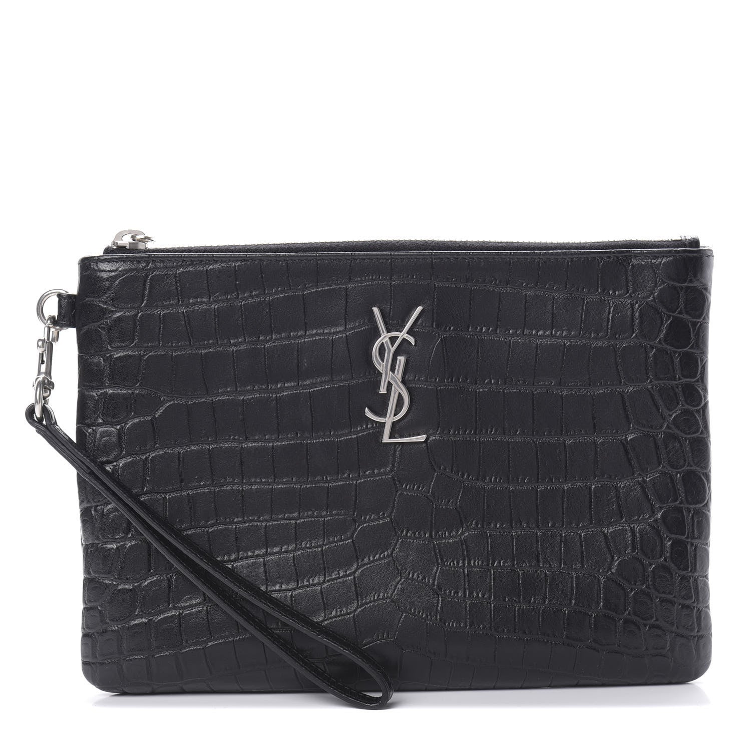 Saint Laurent Calfskin Crocodile Embossed Monogram Zip Pouch Black 1 of 10