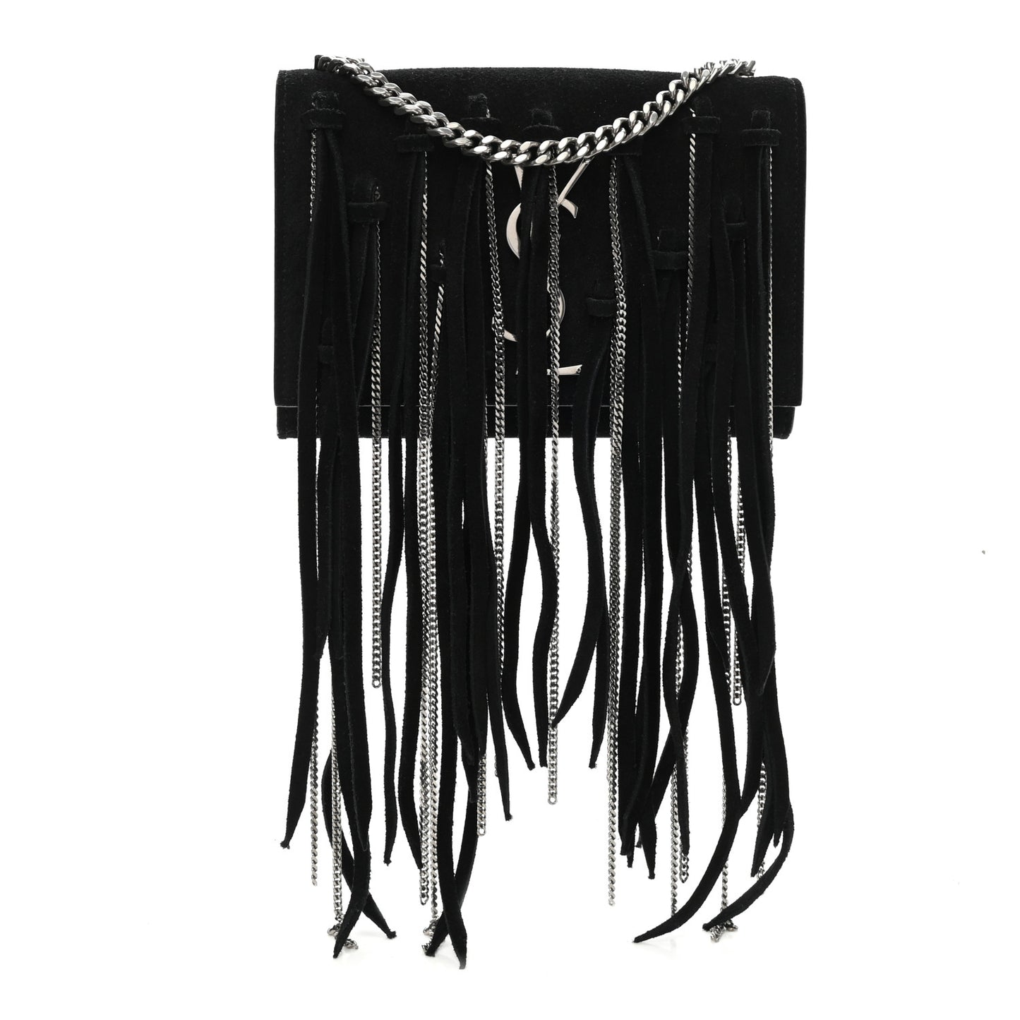 Suede Fringe Chain Small Monogram Satchel Black