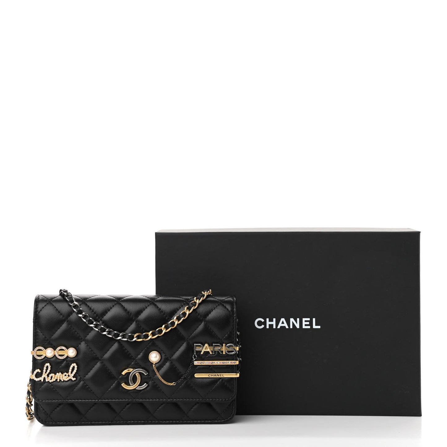 Lambskin Quilted Coco Clips Wallet On Chain WOC Black
