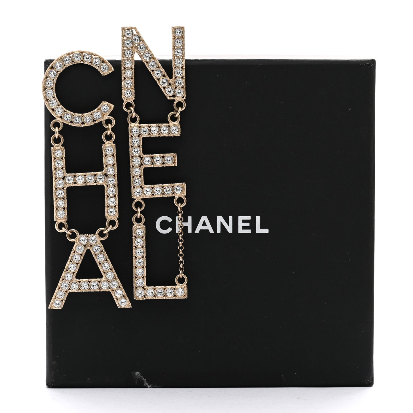 Crystal Cha-Nel Logo Drop Earrings Gold