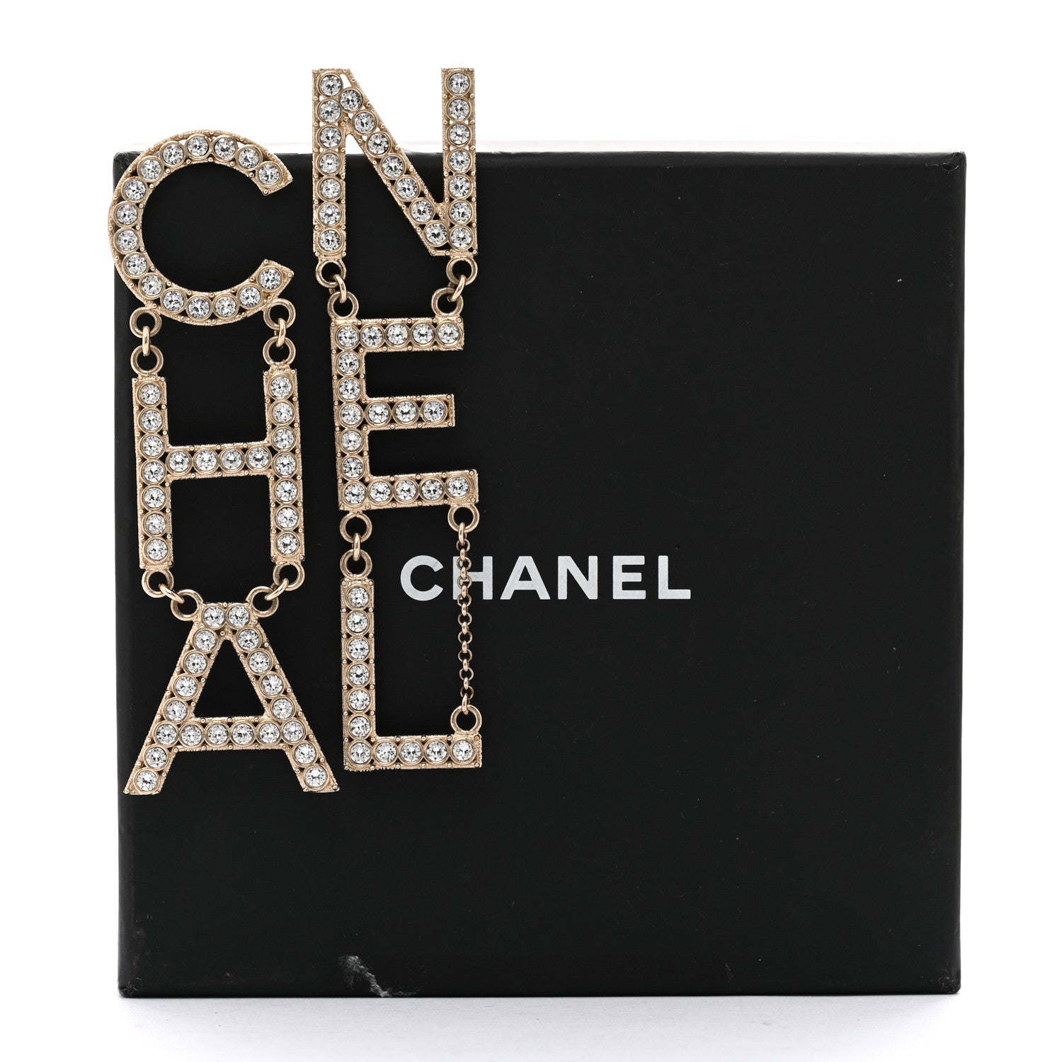 Chanel Crystal Cha-Nel Logo Drop Earrings Gold 5 of 5