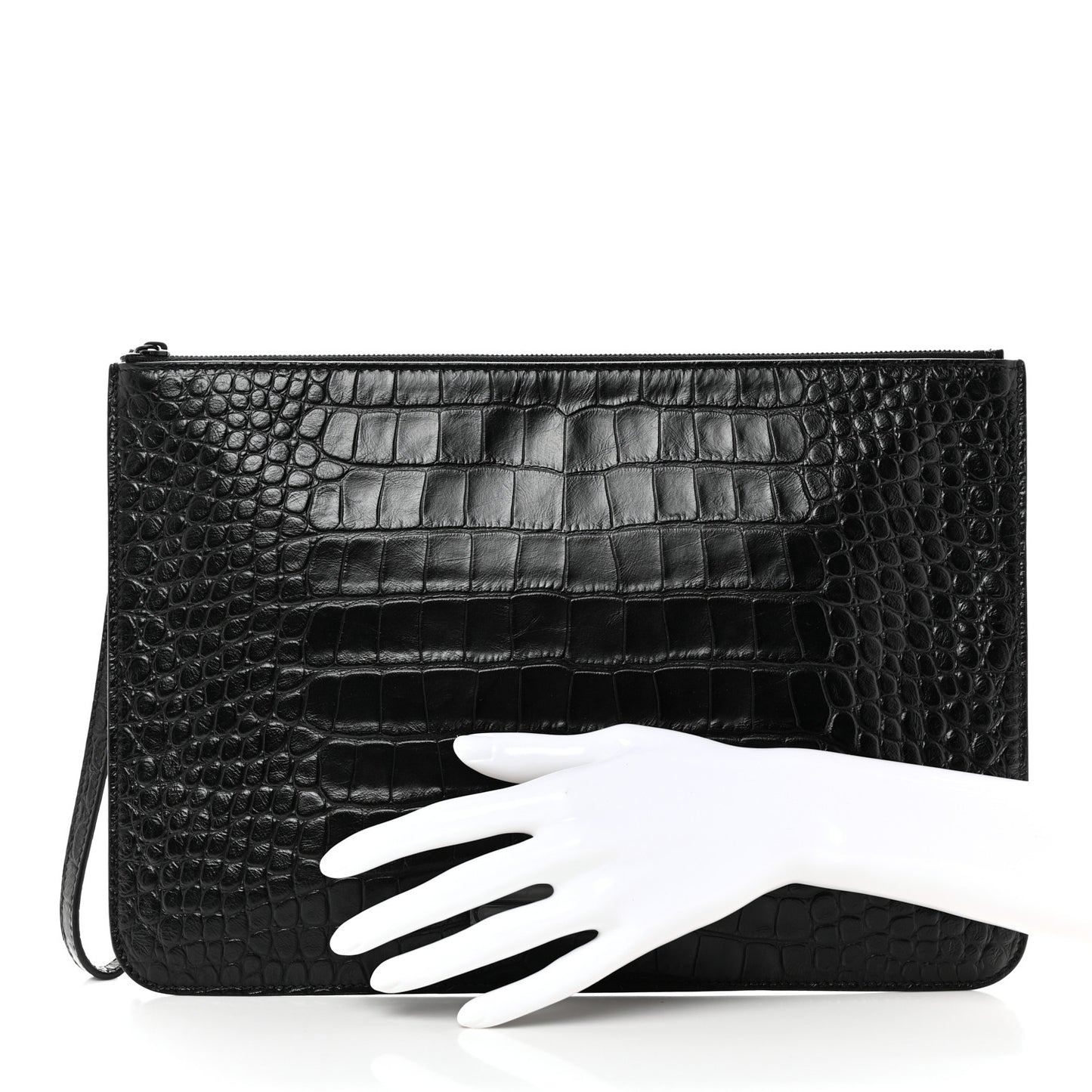 Extra Supple Calfskin Monochrome Crocodile Embossed BB Wristlet Pouch Black