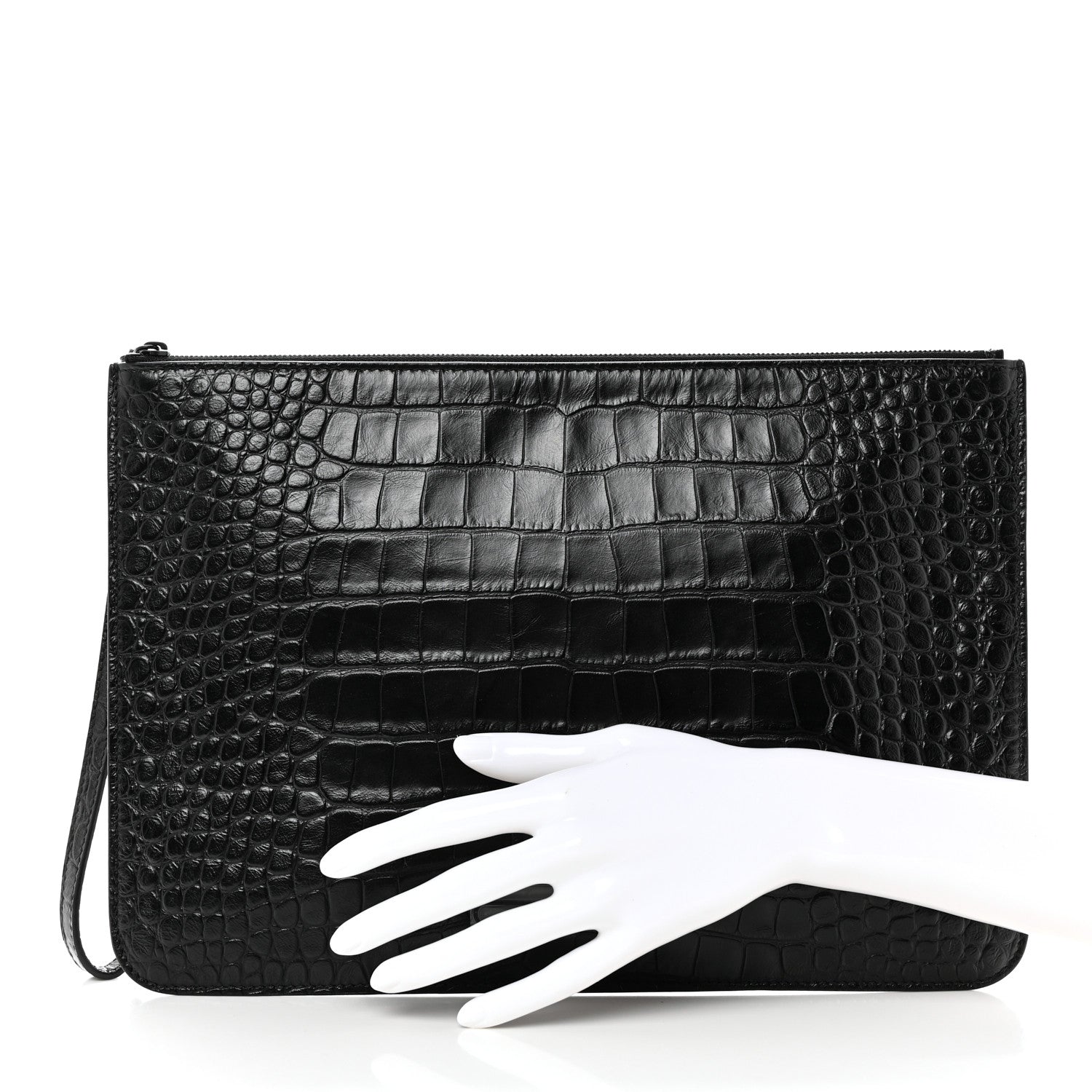 Balenciaga Extra Supple Calfskin Monochrome Crocodile Embossed BB Wristlet Pouch Black 2 of 8