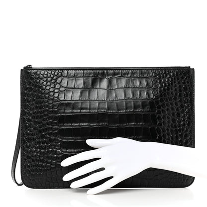 Balenciaga Extra Supple Calfskin Monochrome Crocodile Embossed BB Wristlet Pouch Black 2 of 8