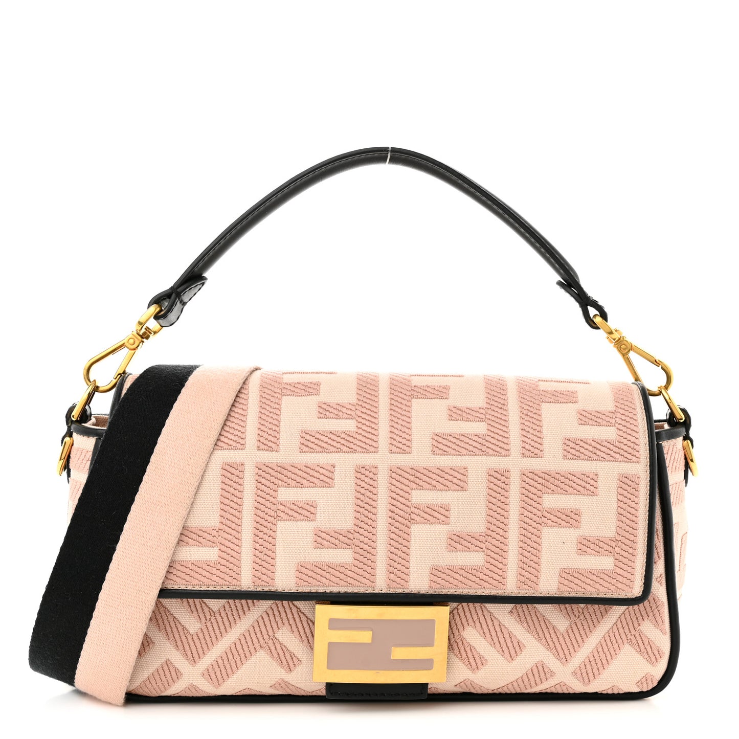 Canvas Vitello King FF Embroidered Baguette Rosa Quarzo Black