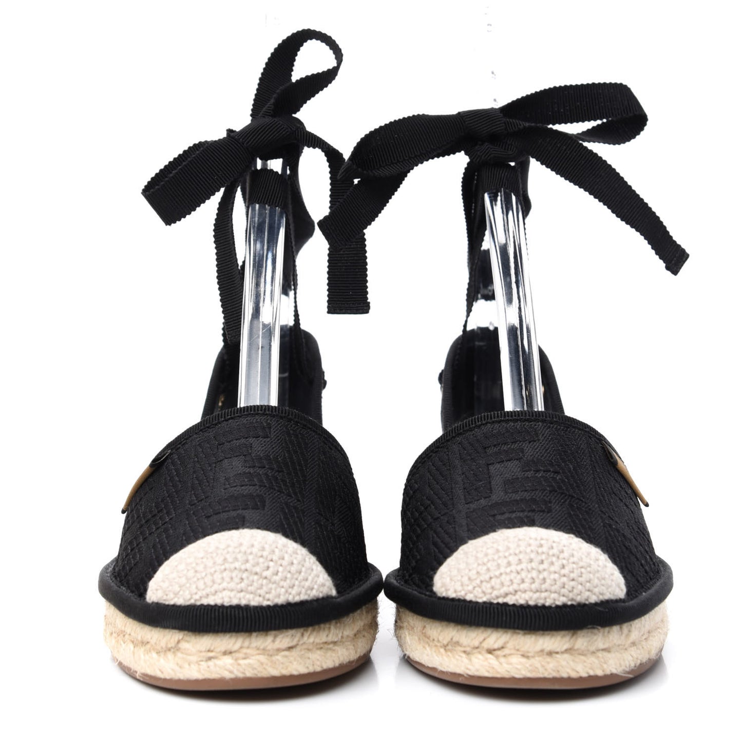 Canvas FF Embroidered Roma Ankle Wrap Flat Espadrilles 36 Black
