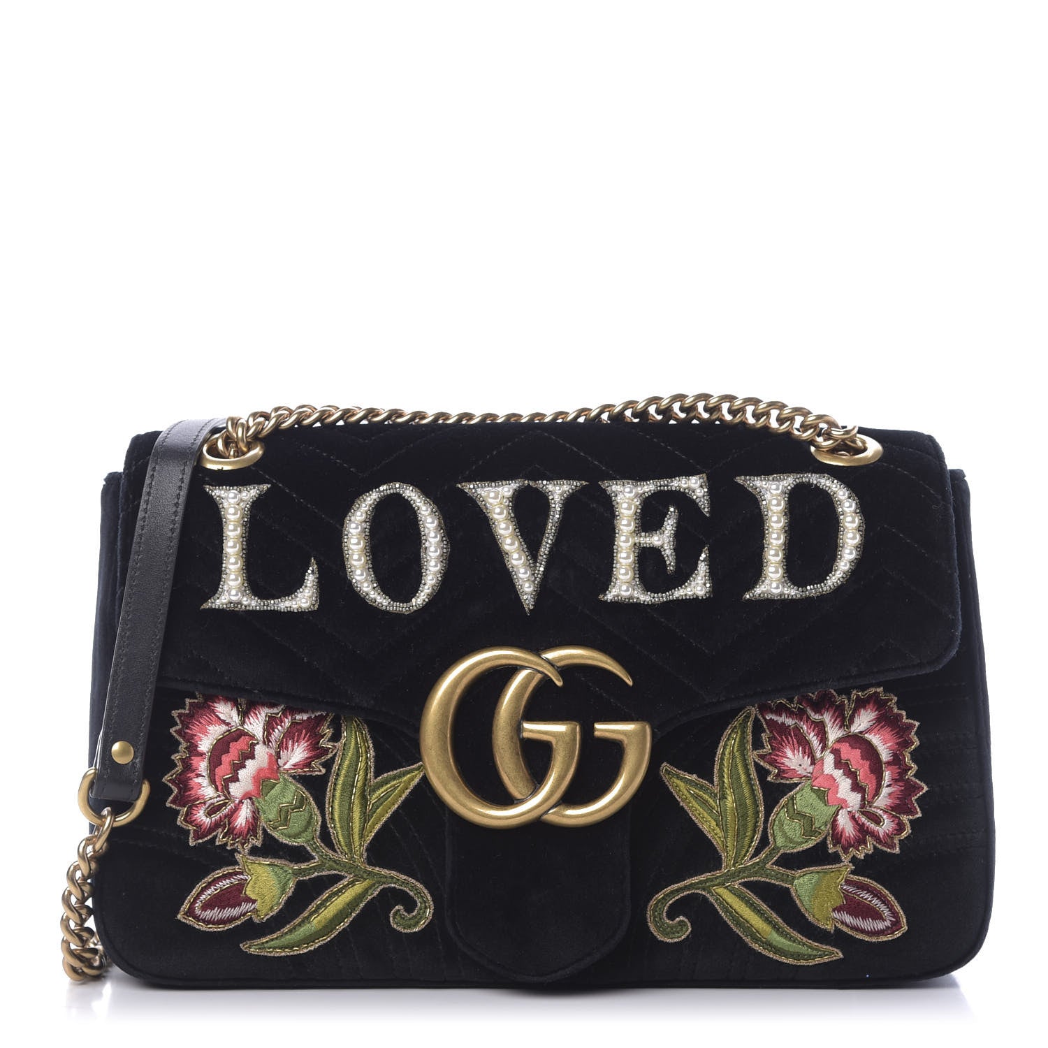 Gucci Velvet Matelasse Loved Embroidered Medium GG Marmont Shoulder Bag Black 1 of 10