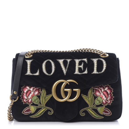 Gucci Velvet Matelasse Loved Embroidered Medium GG Marmont Shoulder Bag Black 1 of 10